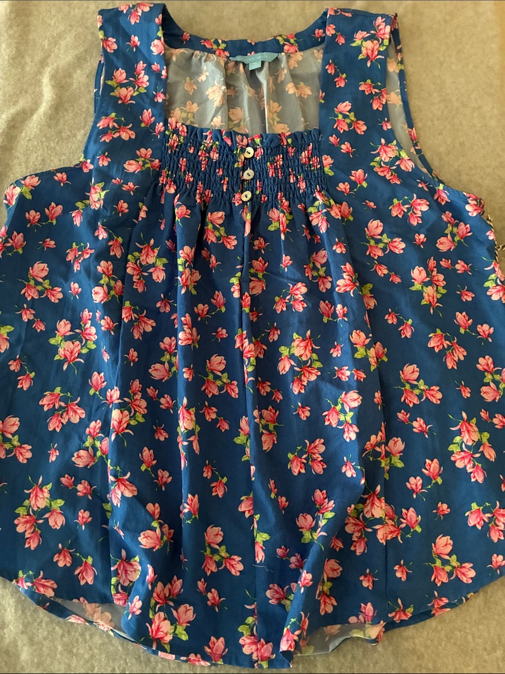 Draper James Blue Pink Floral Smocked Square Neck Tank Top Size XL NWT